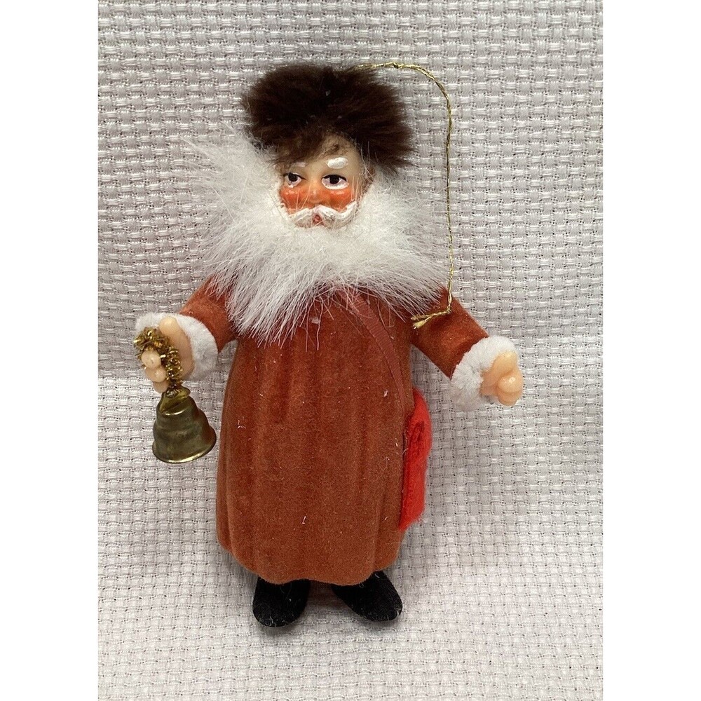 Flocked Plastic Old World Santa Christmas Ornament With Fur Hat & Bell 5”